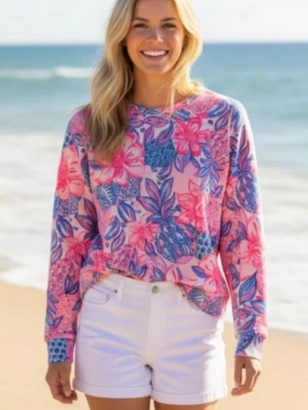 Lilly Pulitzer Jansen Pink Isle Floral Snappy Turtle Puff Sleeve Sweatshirt XL